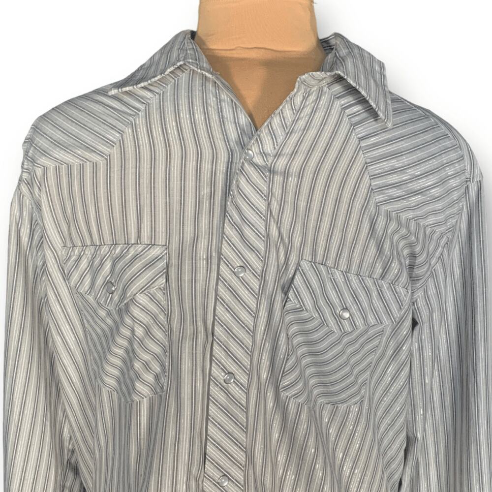 Men's Wrangler Shirt Grey Silver Metallic Striped Western Style Pearl Snap Large
